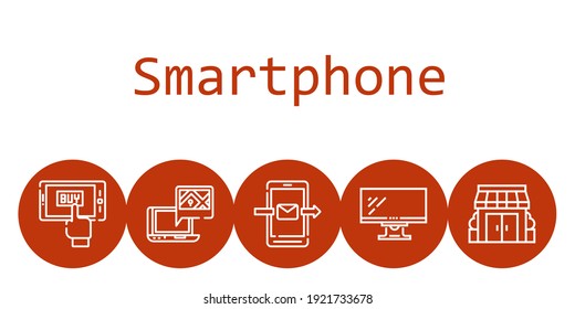 smartphone background concept with smartphone icons. Icons related mobile shopping, smartphone, stores, monitor, gps