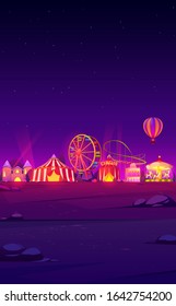 Smartphone background theme with carnival funfair at night. Vector template for mobile phone screen saver with dark landscape with illuminated circus and amusement park