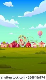 Smartphone background theme with carnival funfair. Vector template for mobile phone screen saver with circus and amusement park with roller coaster, balloon and ferris wheel