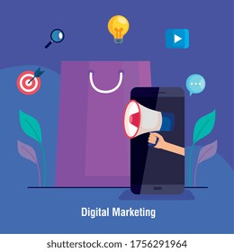 Smartphone und Tasche mit Icon-Set-Design, Digital-Marketing und E-Commerce-Thema Vektorgrafik
