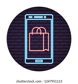 smartphone with bag shopping online
