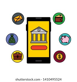smartphone with bank building app and ecommerce icons