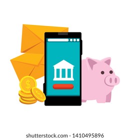smartphone with bank building app and envelopes money