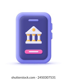 Smartphone with bank building. Online banking, credit and loan concept. 3d vector icon. Cartoon minimal style.