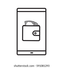 Smartphone banking app linear icon. Thin line illustration. Smart phone with wallet full of cash contour symbol. Financial application. Vector isolated outline drawing