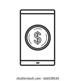 Smartphone banking app linear icon. Thin line illustration. Smart phone with US dollar coin contour symbol. Financial application. Vector isolated outline drawing