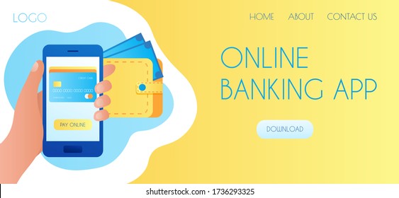 a smartphone with a banking app on screen in  hand on background of wallet. concept for online banking, electronic money, and phone payments.vector flat illustration. template landing page for site
