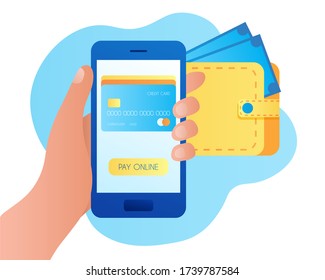 a smartphone with a banking app on the screen in your hand on background of wallet. concept for online banking, electronic money, and phone payments.vector flat illustration