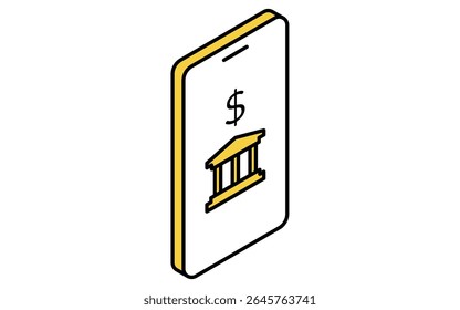 Smartphone banking app simple line drawing icon, isometric illustration of online banking and digital finance, Vector Illustration