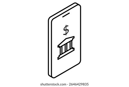 Smartphone Banking App einfache Linie Zeichnung Symbol, isometrische Illustration von Online-Banking und digitale Finanzen, schwarz-weiß, Vektorgrafik