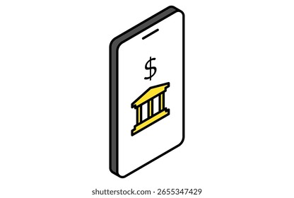 Smartphone banking app simple line drawing icon, isometric illustration of online banking and digital finance, Vector Illustration