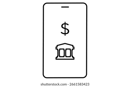 Icono de dibujo de línea simple del App de la banca de Smartphone, ilustración de la banca en línea y de las finanzas digitales, blanco y negro, Ilustración vectorial