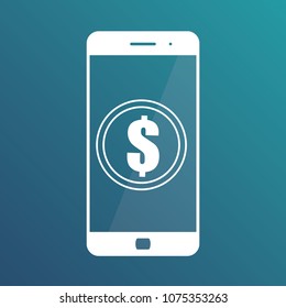 Smartphone banking dollar icon. Mobile payment with smartphone. Isolated icon on gradient blue background