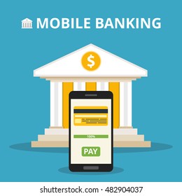 Smartphone with banking payment app on the screen. Bank on the background. Vector flat illustration.