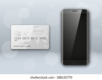 Smartphone banner & credit card. Advertising promo poster phone & bank card icon. Communicator PDA Electronic money funds transfer. Plastic card software. Update banking icon. Debit card with chip