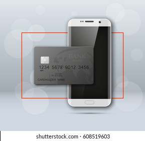 Smartphone banner & credit card. Advertising promo poster phone & bank card icon. Communicator PDA Electronic money funds transfer. Plastic card software. Update banking icon. Debit card with chip