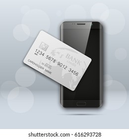 Smartphone banner & credit card. Advertising promo poster phone & bank card icon. Communicator PDA Electronic money funds transfer. Plastic card software. Update banking icon. Debit card with chip