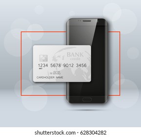 Smartphone banner & credit card. Advertising promo poster phone & bank card icon. Communicator PDA Electronic money funds transfer. Plastic card software. Update banking icon. Debit card with chip