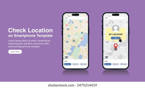 Plantilla de Anuncio de teléfono inteligente con verificación de Locación, navegación móvil e infografía de mapas de moda de la ciudad, teléfono móvil inteligente con pantalla de mapa y concepto de GPS Pinpoint. Vector.