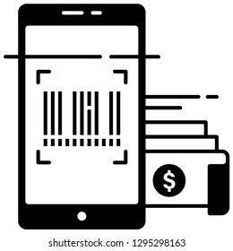 Smartphone and barcode with cash vector illustration in solid color design