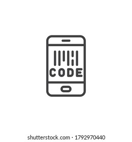 Icono de línea de exploración de código de barras de Smartphone. signo de estilo lineal para concepto móvil y diseño web. Pantalla de teléfono celular con icono vectorial de contorno de código de barras. Símbolo, ilustración del logotipo. Gráficos vectoriales