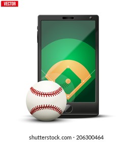 Smartphone with baseball ball and field on the screen. Sports theme and applications. Vector illustration Isolated on white background.