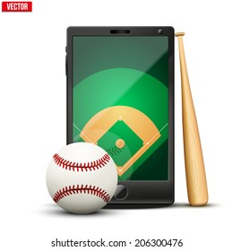Smartphone with baseball ball and field on the screen. Sports theme and applications. Vector illustration Isolated on white background.