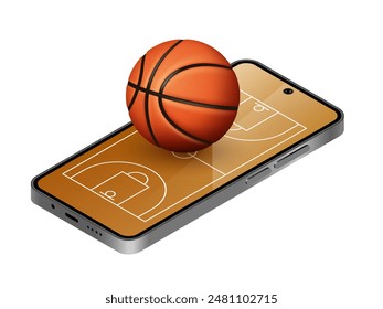 Smartphone con una cancha de baloncesto en la pantalla y la pelota. Clipart 3D en el tema de las apuestas deportivas.