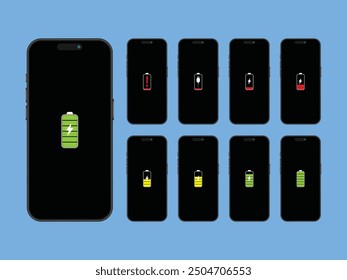 Smartphone-Batterien und Ladestatus auf dem Bildschirm Abbildung - Vektorsymbole für mobile Geräte, Batteriestufen, Kein Akku mehr verfügbar und Ladevorgang. Vektor.