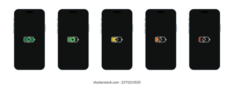 Smartphone Batteries and Charging status on screen Illustration. Vector set