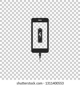 Smartphone battery charge icon isolated on transparent background. Phone with a low battery charge and with USB connection. Flat design. Vector Illustration