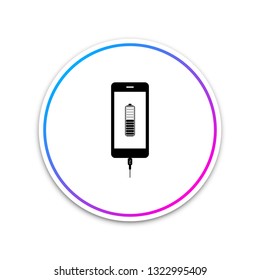 Smartphone battery charge icon isolated on white background. Phone with a low battery charge and with USB connection. Circle white button. Vector Illustration