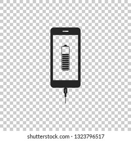 Smartphone battery charge icon isolated on transparent background. Phone with a low battery charge and with USB connection. Flat design. Vector Illustration