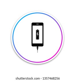 Smartphone battery charge icon isolated on white background. Phone with a low battery charge and with USB connection. Circle white button. Vector Illustration