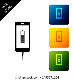 Smartphone battery charge icon isolated. Phone with a low battery charge and with USB connection. Set icons colorful square buttons. Vector Illustration
