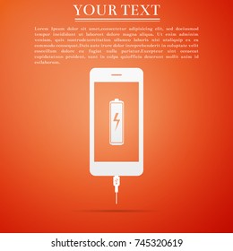 Smartphone battery charge icon isolated on orange background. Phone with a low battery charge and with USB connection. Flat design. Vector Illustration