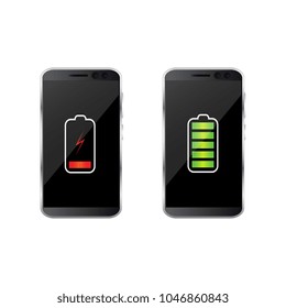 Smartphone with battery charge level indicators isolated on background. Vector illustration. Discharged and fully charged battery of smartphone. 