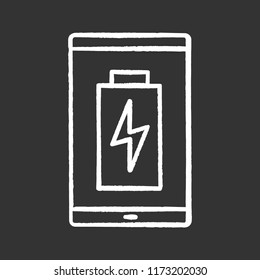 Smartphone battery charging chalk icon. Mobile phone battery level indicator. Isolated vector chalkboard illustrations