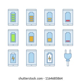 Smartphone battery charging color icons set. Mobile phone battery level indicator. Middle, low and high charge. Isolated vector illustrations