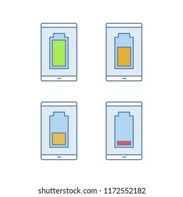 Smartphone battery charging color icons set. Mobile phone battery level indicator. Middle, low and high charge. Isolated vector illustrations