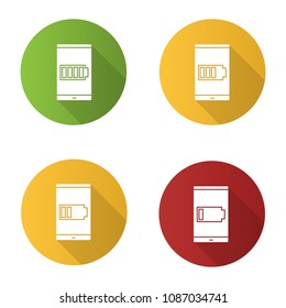 Smartphone battery charging flat design long shadow glyph icons set. Vector silhouette illustration