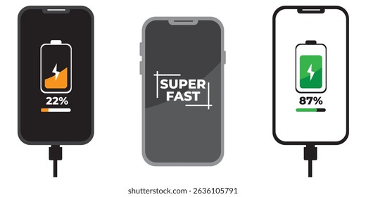 Smartphone Battery Charging Icons Set – Vector Mobile Phone Battery Levels, Empty to Full Power Indicator Design.