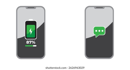 Smartphone Battery Charging and Message Notification Icons on Black Screen – Mobile UI Elements for Technology and Communication Concepts. Flat Vector Illustration. Mobile Phone Charging and Messaging