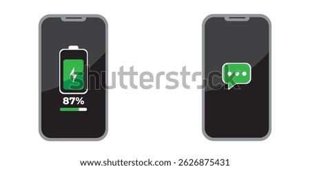 Smartphone Battery Charging and Message Notification Icons on Black Screen – Mobile UI Elements for Technology and Communication Concepts. Flat Vector Illustration. Mobile Phone Charging and Messaging