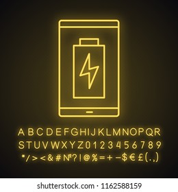 Smartphone battery charging neon light icon. Charge completed . Mobile phone battery level indicator. Glowing sign with alphabet, numbers and symbols. Vector isolated illustration