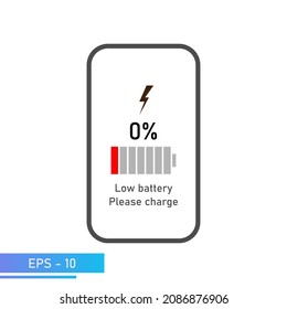 The smartphone battery is completely discharged. The smartphone asks to charge the device. Vector illustration.