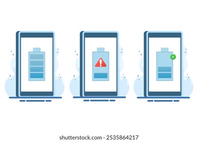 Smartphone battery energy level indicator concept, low battery level, battery charging, fully charged battery, Flat vector illustration on background.