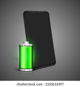 Smartphone con batería. Carga completa con iluminación. Ilustración vectorial.