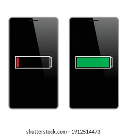 Smartphone y nivel de batería en pantalla aislado en blanco. Ilustración, vector
