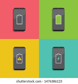 Smartphone battery notification, battery empty, full, damaged, charging, flat design vector illustration	